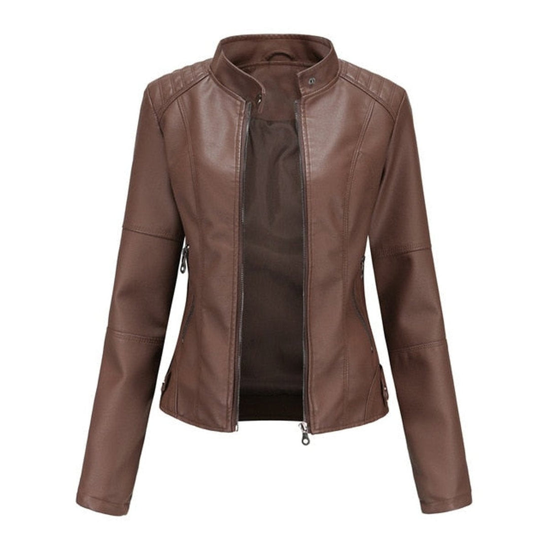 Veste en similicuir pour femme à col montant, style perfecto, pour l’automne