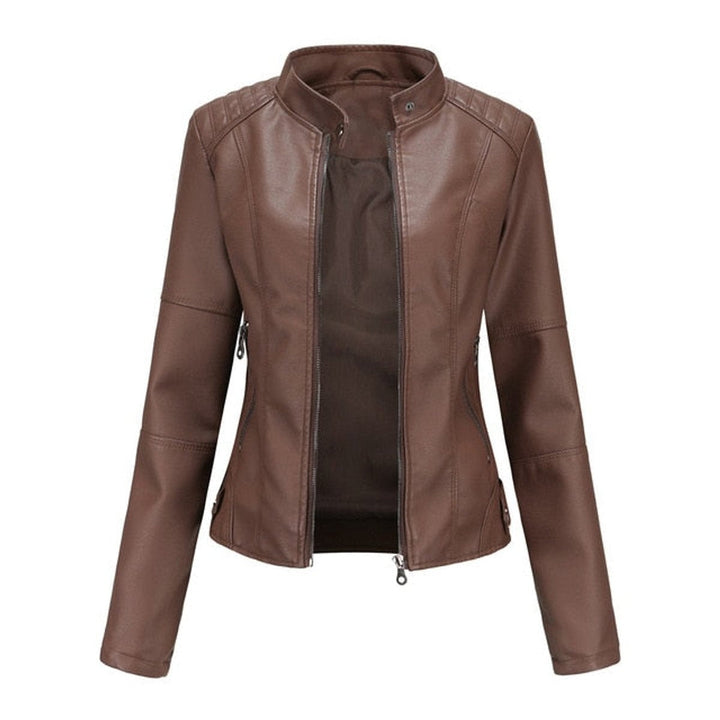 Veste en similicuir pour femme à col montant, style perfecto, pour l’automne