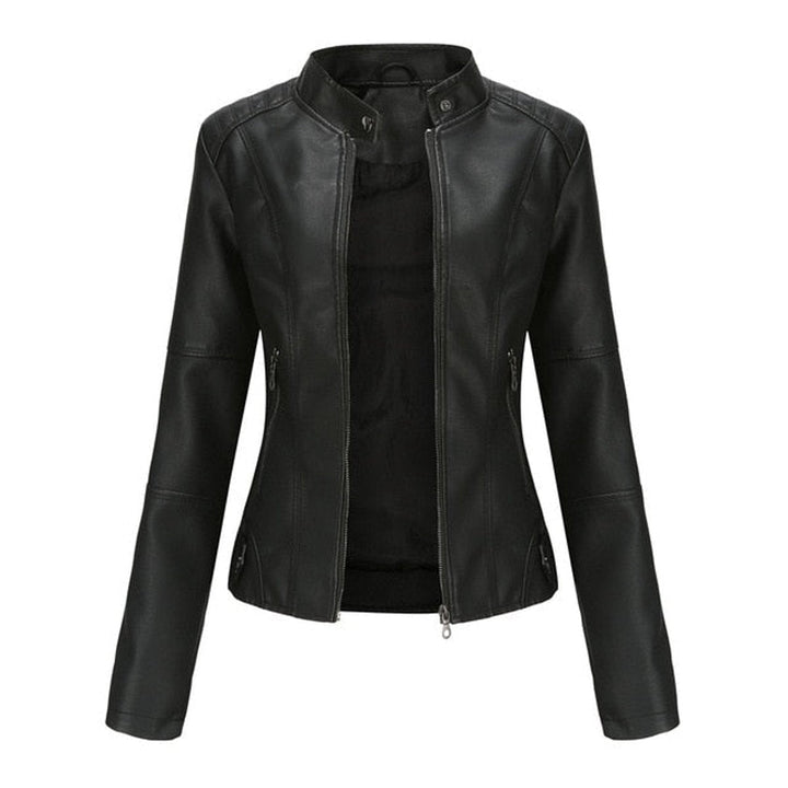 Veste en similicuir pour femme à col montant, style perfecto, pour l’automne