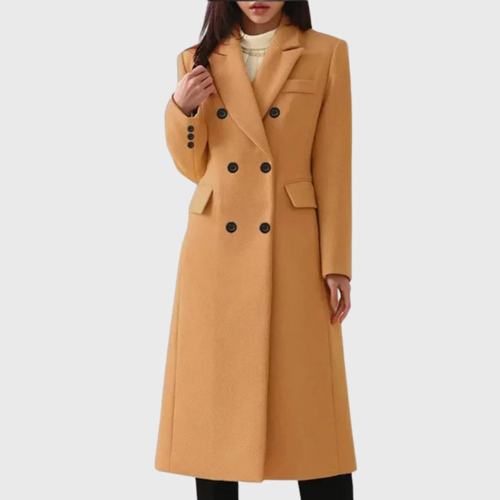 Long women's wool coat, double-breasted, diplomatic style, for autumn-winter
