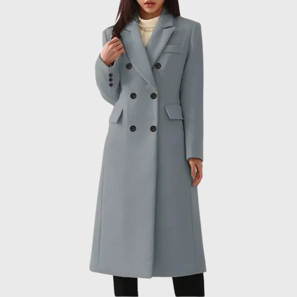 Long women's wool coat, double-breasted, diplomatic style, for autumn-winter