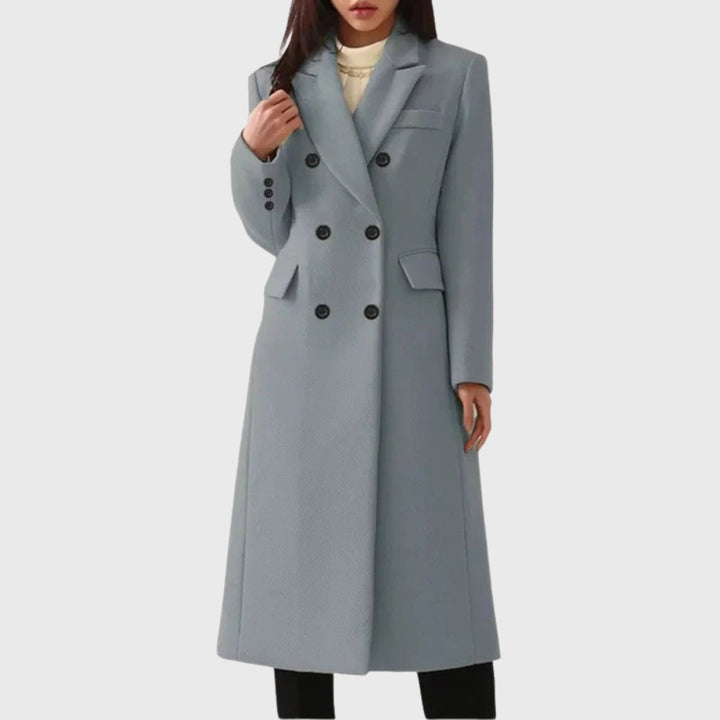 Long women's wool coat, double-breasted, diplomatic style, for autumn-winter