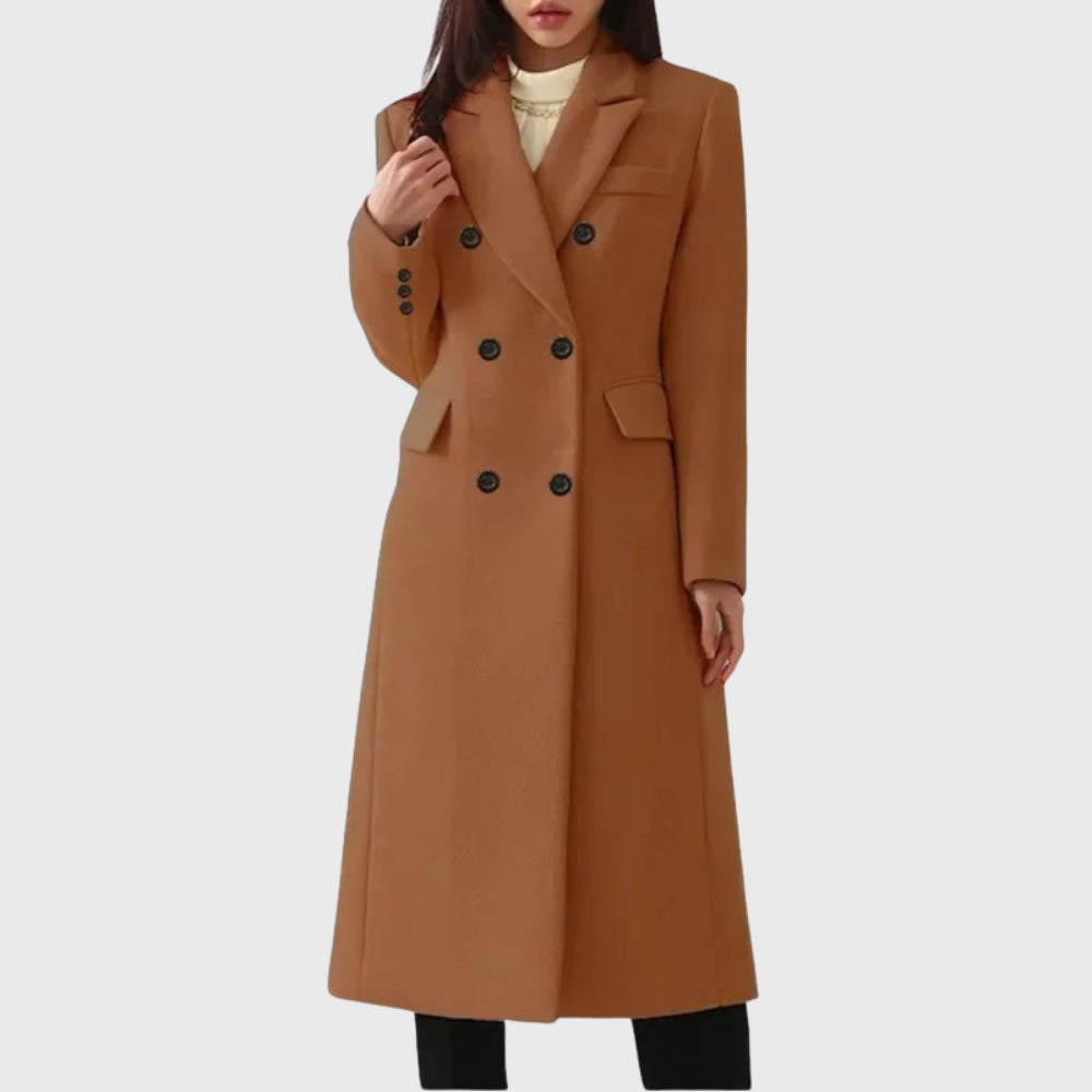 Long women's wool coat, double-breasted, diplomatic style, for autumn-winter