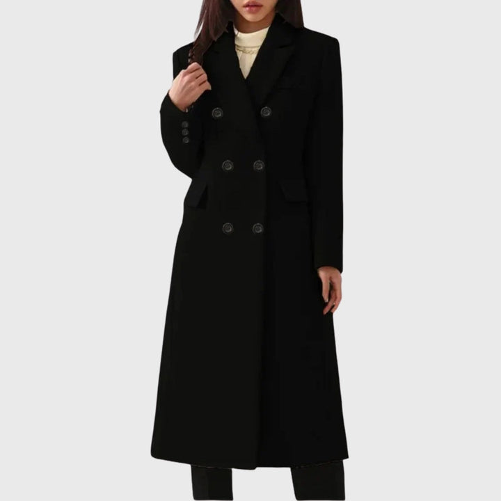 Long women's wool coat, double-breasted, diplomatic style, for autumn-winter