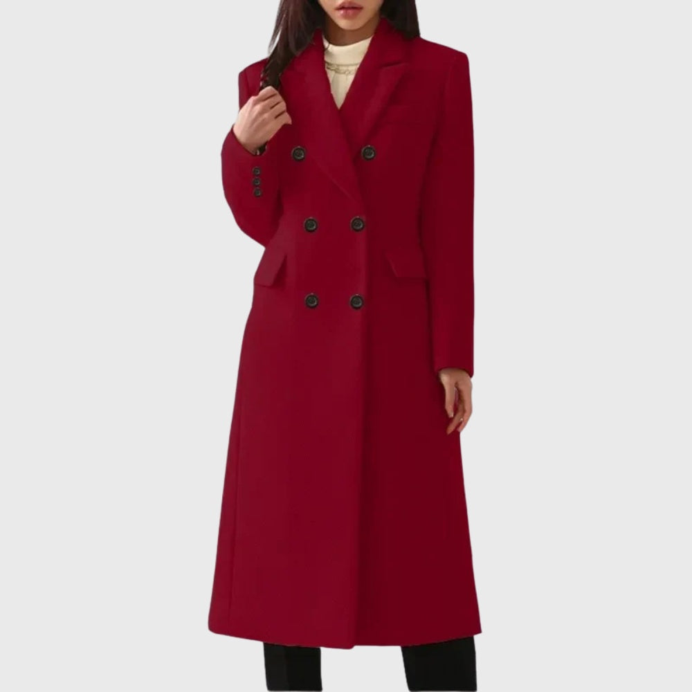Long women's wool coat, double-breasted, diplomatic style, for autumn-winter