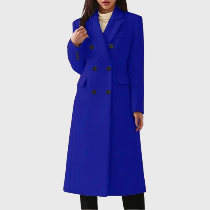 Long women's wool coat, double-breasted, diplomatic style, for autumn-winter