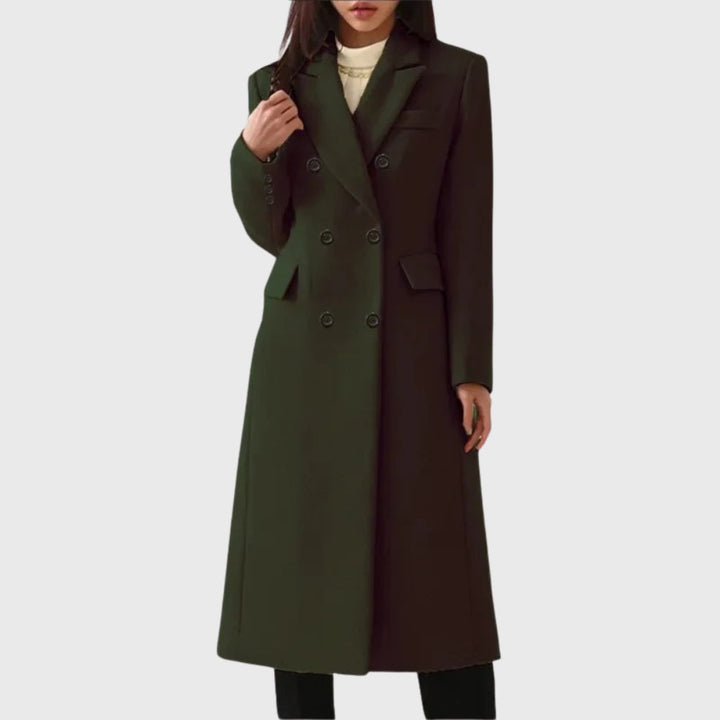 Long women's wool coat, double-breasted, diplomatic style, for autumn-winter