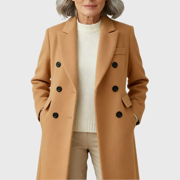 Long women's wool coat, double-breasted, diplomatic style, for autumn-winter
