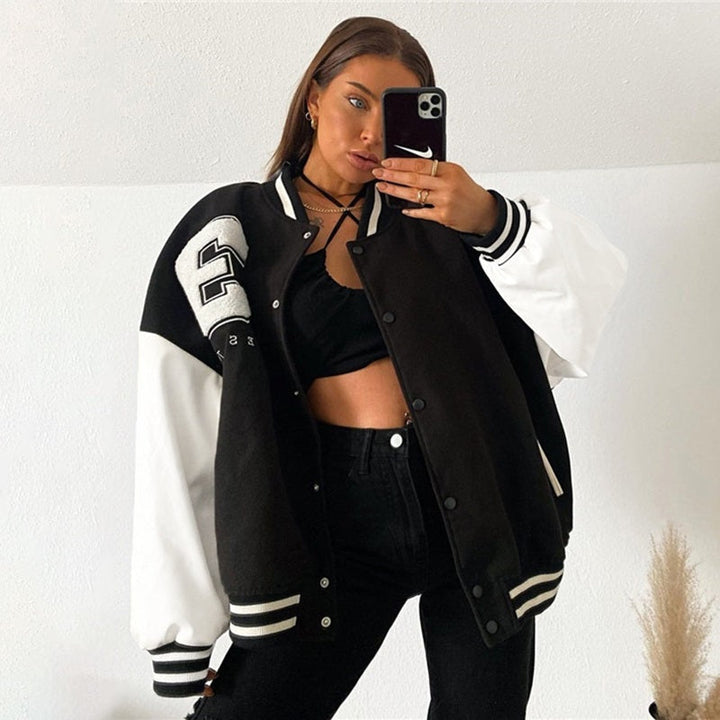 Veste varsity oversize pour femme en tissu flausz avec simili cuir, pour l’automne