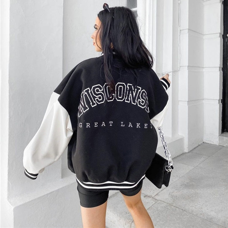 Veste varsity oversize pour femme en tissu flausz avec simili cuir, pour l’automne