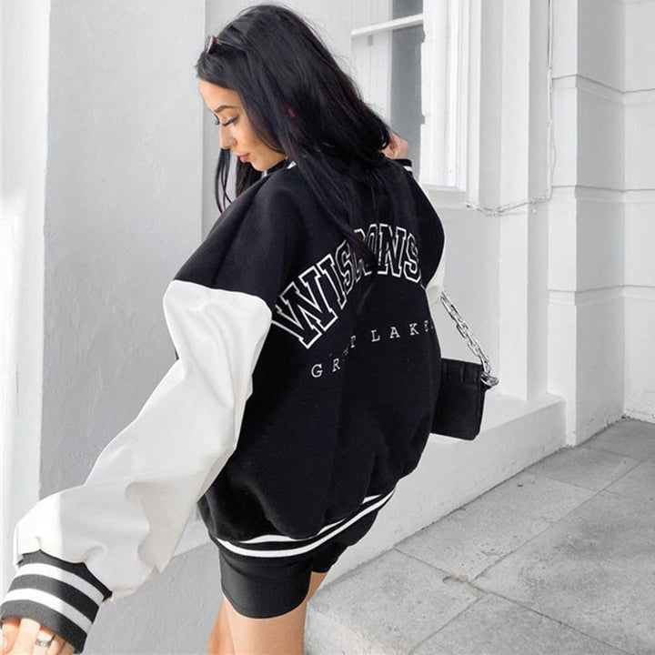 Veste varsity oversize pour femme en tissu flausz avec simili cuir, pour l’automne