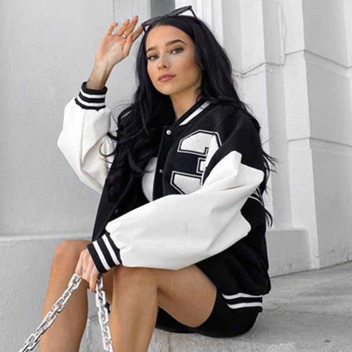 Veste varsity oversize pour femme en tissu flausz avec simili cuir, pour l’automne