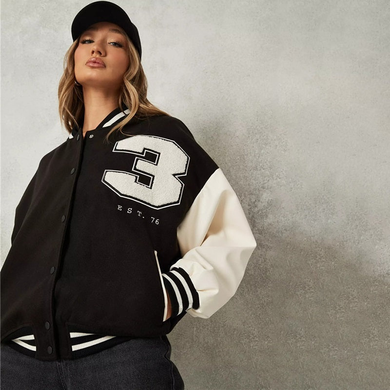 Veste varsity oversize pour femme en tissu flausz avec simili cuir, pour l’automne