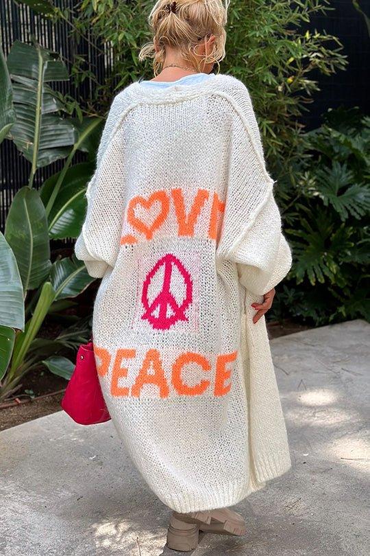 Giulietta - Cardigan Vintage surdimensionné au Style Élégant avec une Impression Inspirante "Love & Peace" pour une Élégance Intemporelle