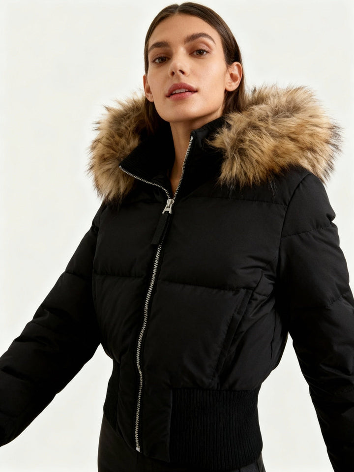 Doudoune courte pour femme à capuche bordée de fourrure, chaude pour l’hiver