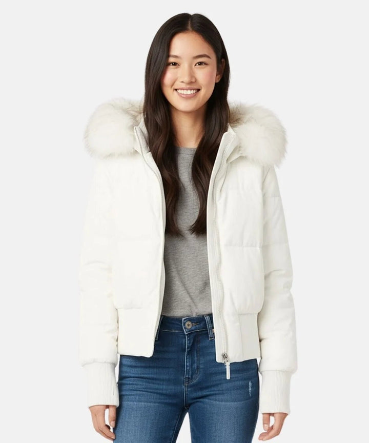 Doudoune courte pour femme à capuche bordée de fourrure, chaude pour l’hiver