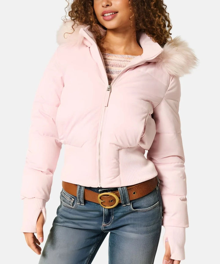 Doudoune courte pour femme à capuche bordée de fourrure, chaude pour l’hiver