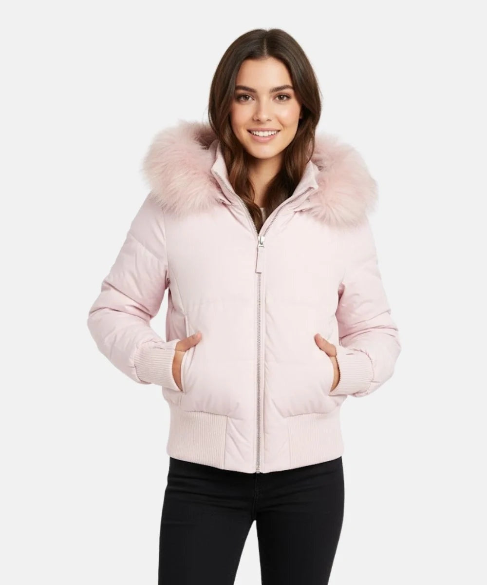 Doudoune courte pour femme à capuche bordée de fourrure, chaude pour l’hiver