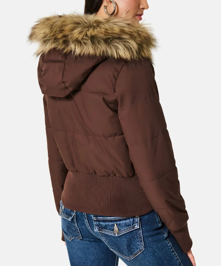 Doudoune courte pour femme à capuche bordée de fourrure, chaude pour l’hiver