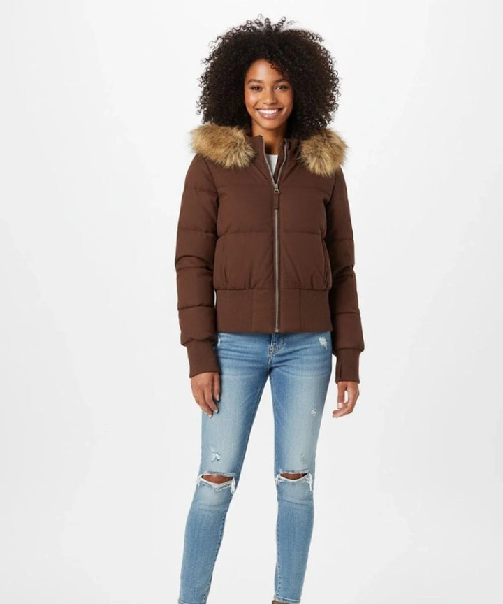 Doudoune courte pour femme à capuche bordée de fourrure, chaude pour l’hiver