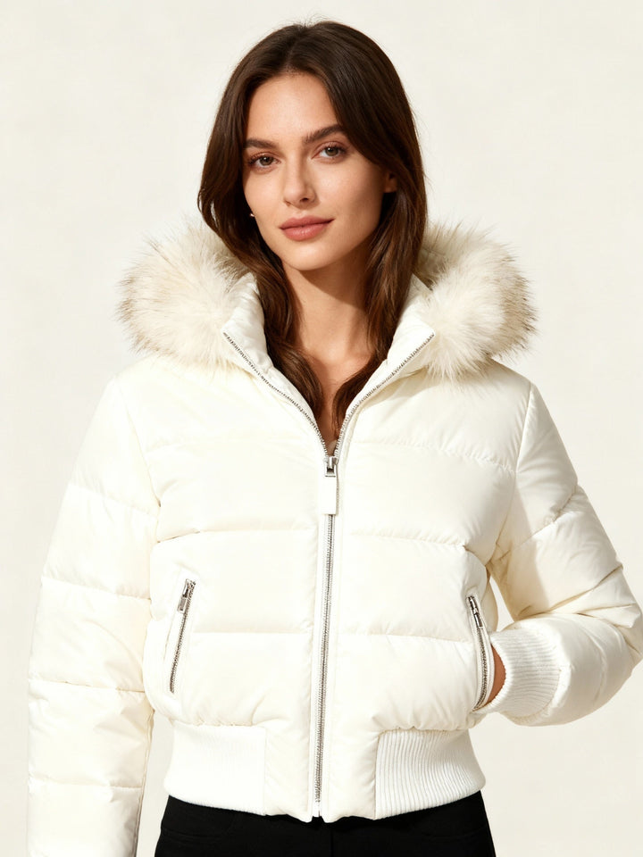 Doudoune courte pour femme à capuche bordée de fourrure, chaude pour l’hiver