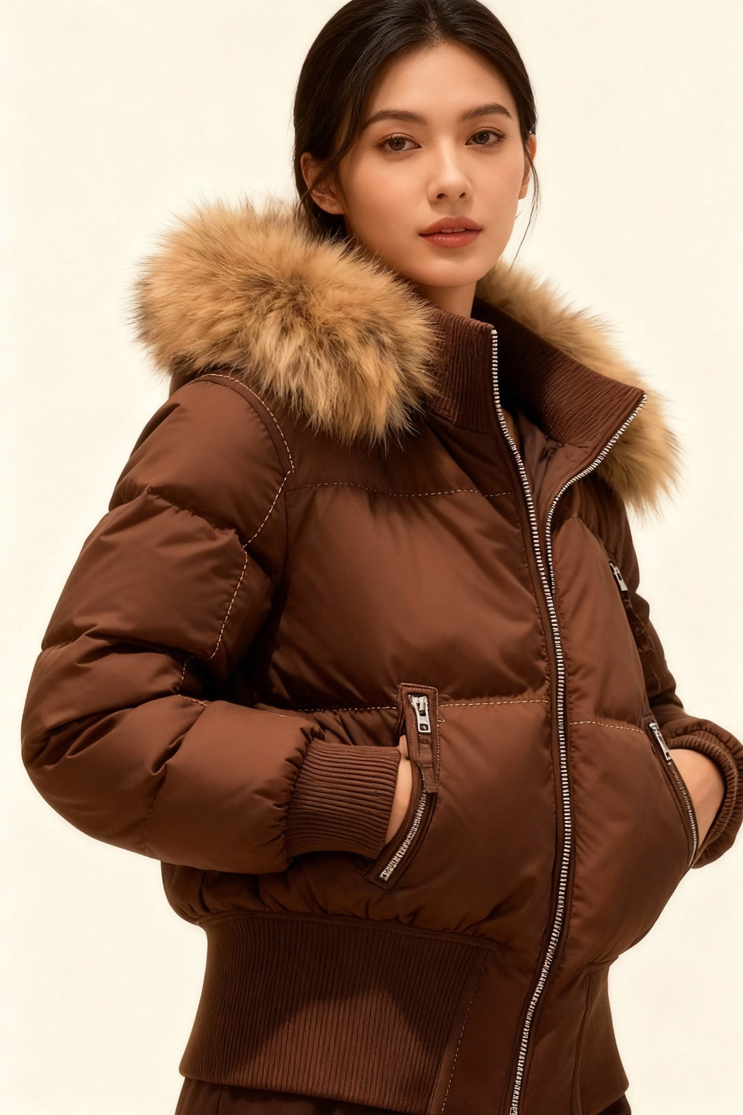 Doudoune courte pour femme à capuche bordée de fourrure, chaude pour l’hiver
