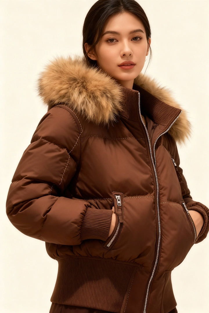Doudoune courte pour femme à capuche bordée de fourrure, chaude pour l’hiver