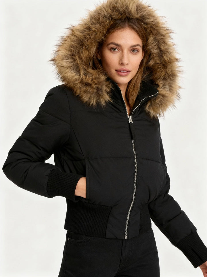 Doudoune courte pour femme à capuche bordée de fourrure, chaude pour l’hiver