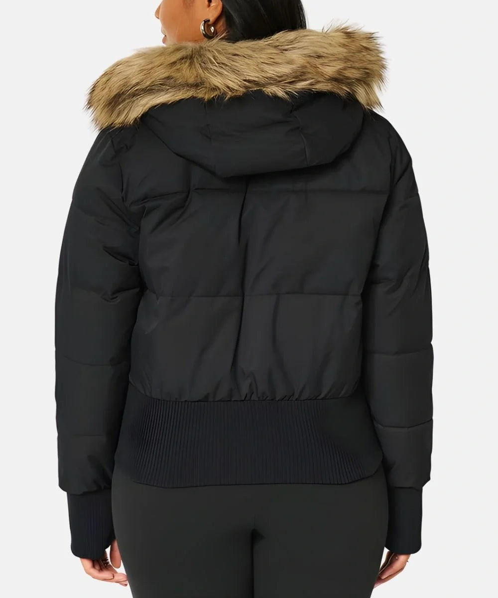 Doudoune courte pour femme à capuche bordée de fourrure, chaude pour l’hiver