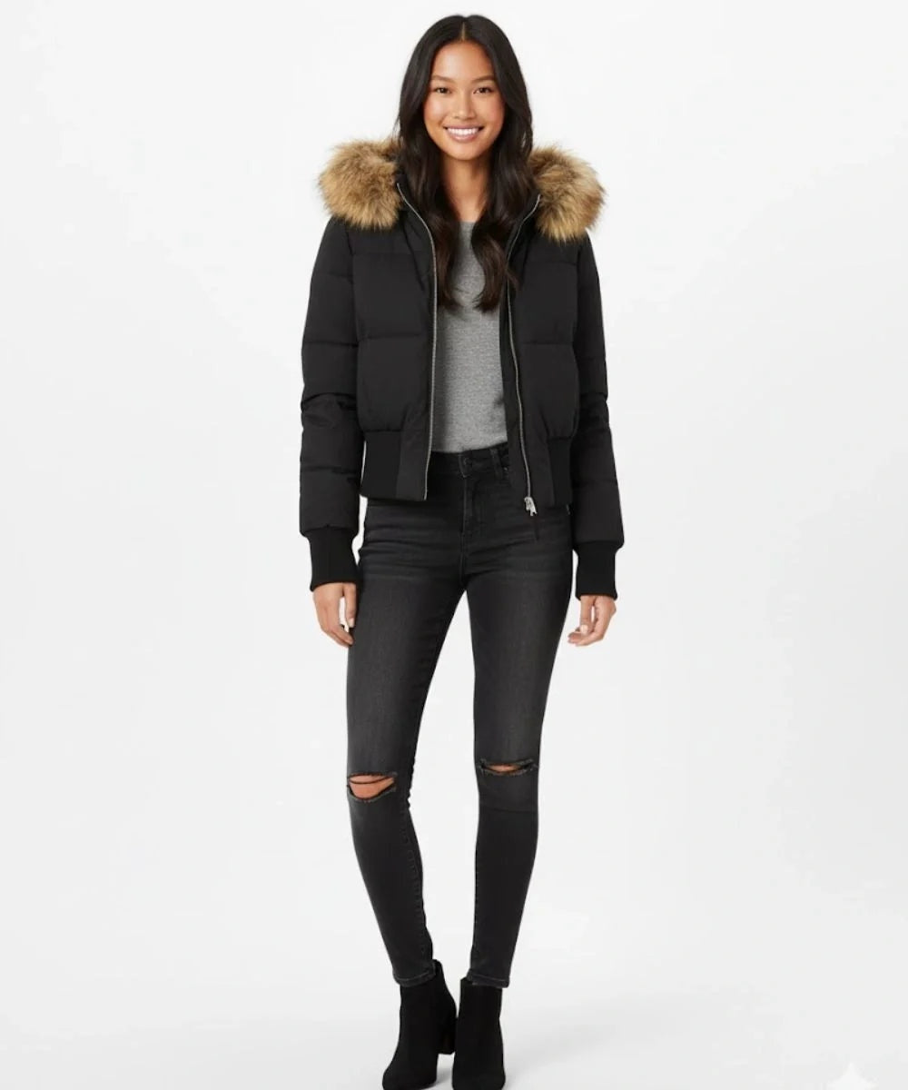 Doudoune courte pour femme à capuche bordée de fourrure, chaude pour l’hiver