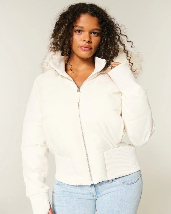 Doudoune courte pour femme à capuche bordée de fourrure, chaude pour l’hiver