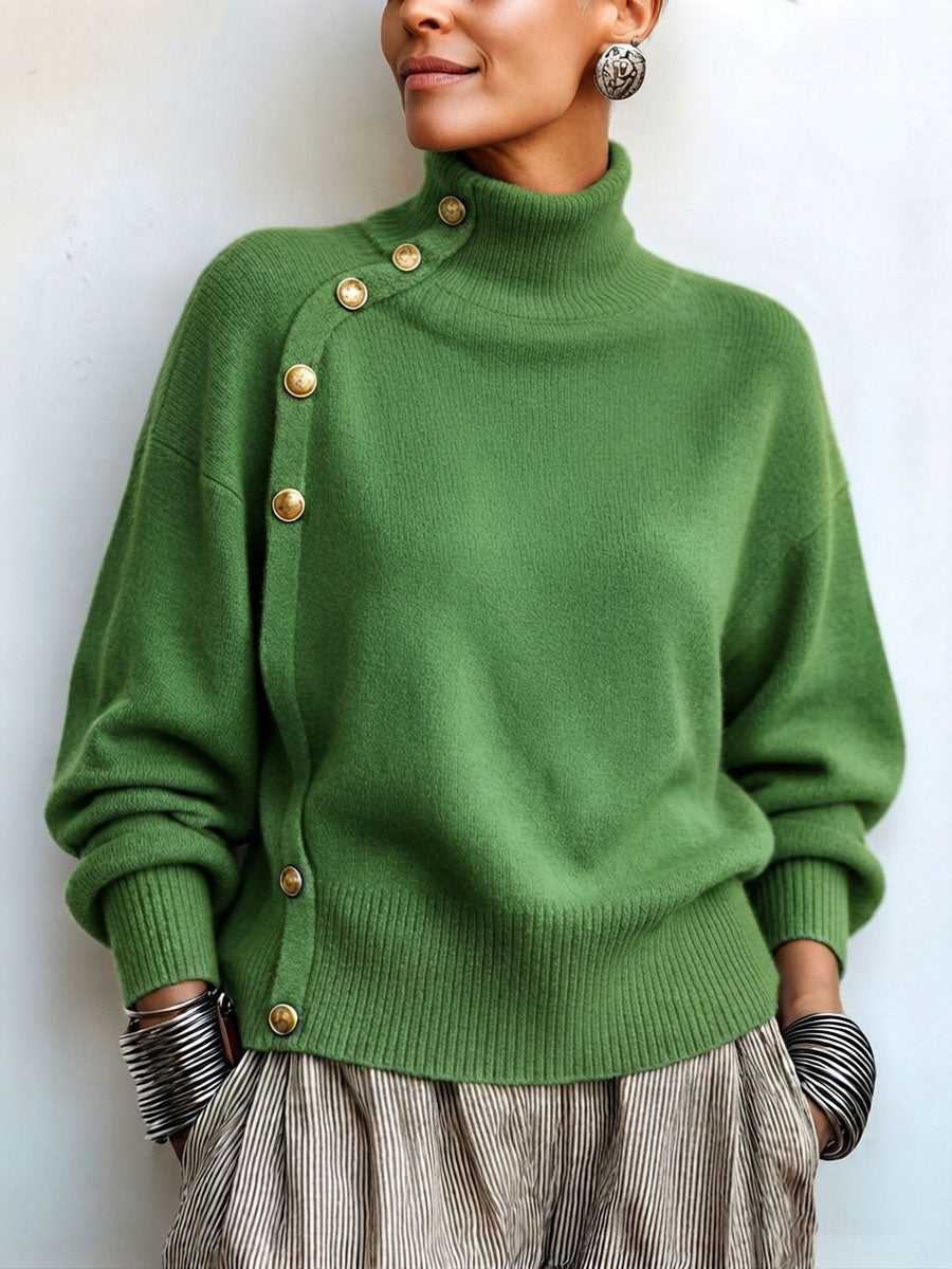 Women's knit turtleneck sweater with asymmetrical buttons, warm and elegant sweater for autumn