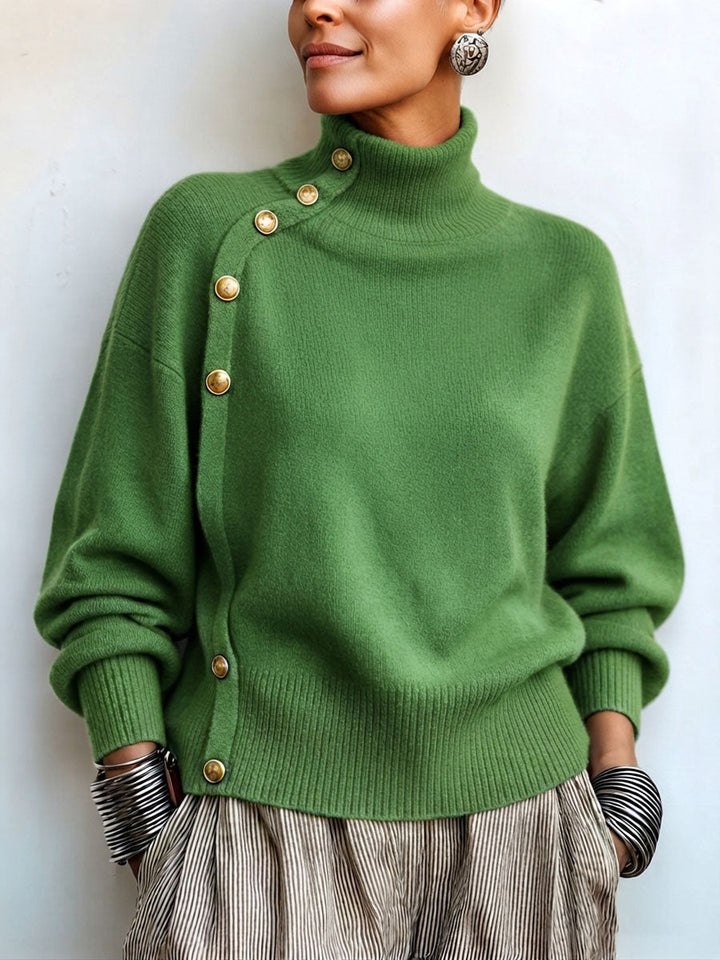 Women's knit turtleneck sweater with asymmetrical buttons, warm and elegant sweater for autumn