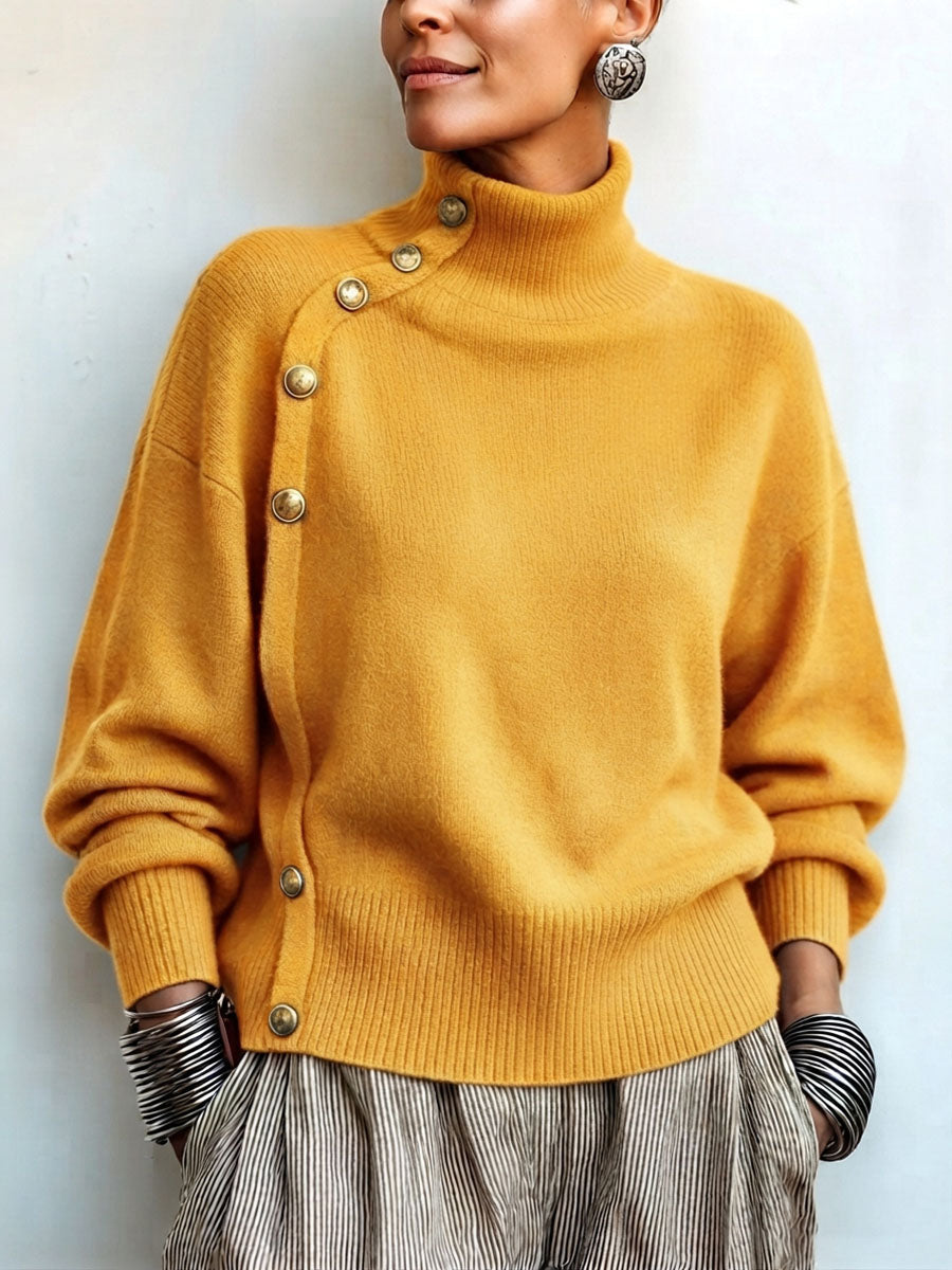 Women's knit turtleneck sweater with asymmetrical buttons, warm and elegant sweater for autumn