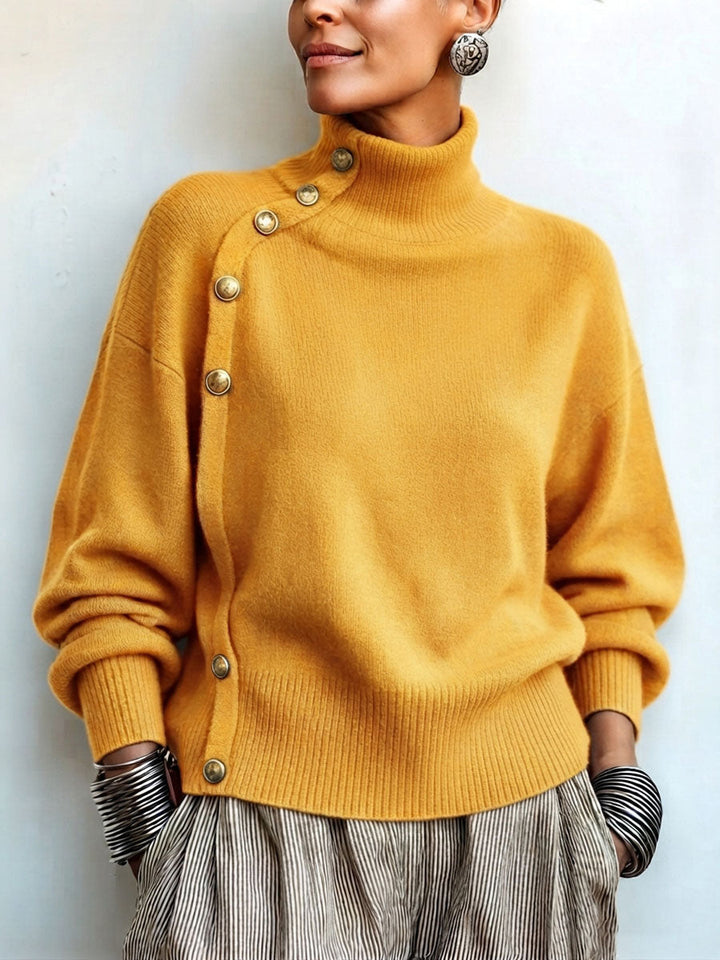Women's knit turtleneck sweater with asymmetrical buttons, warm and elegant sweater for autumn