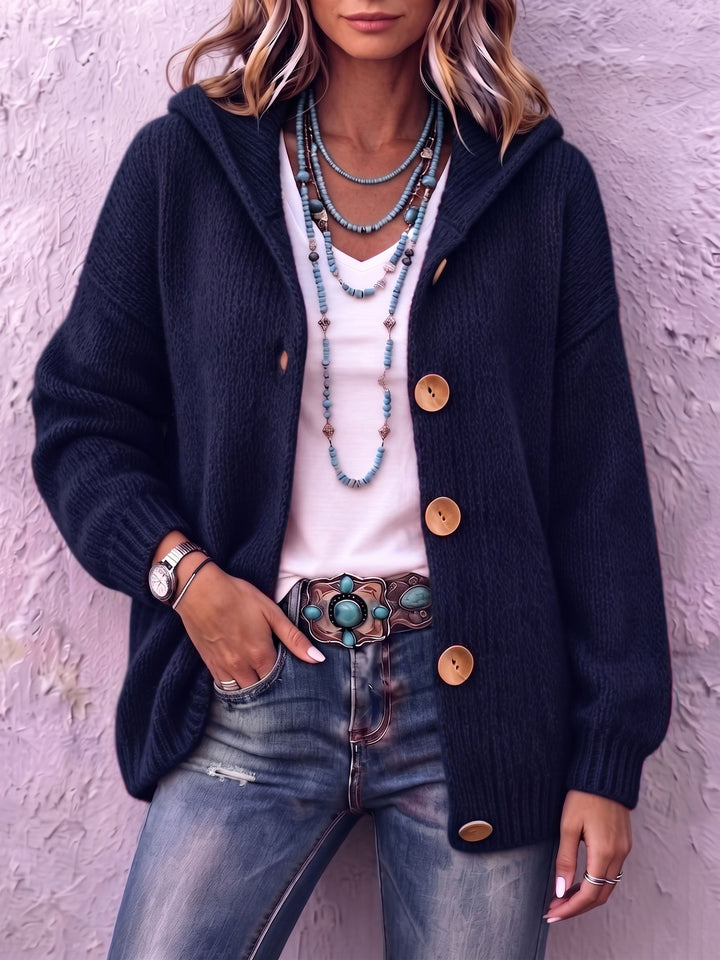 Women's knitted hooded cardigan, button-up autumn vest