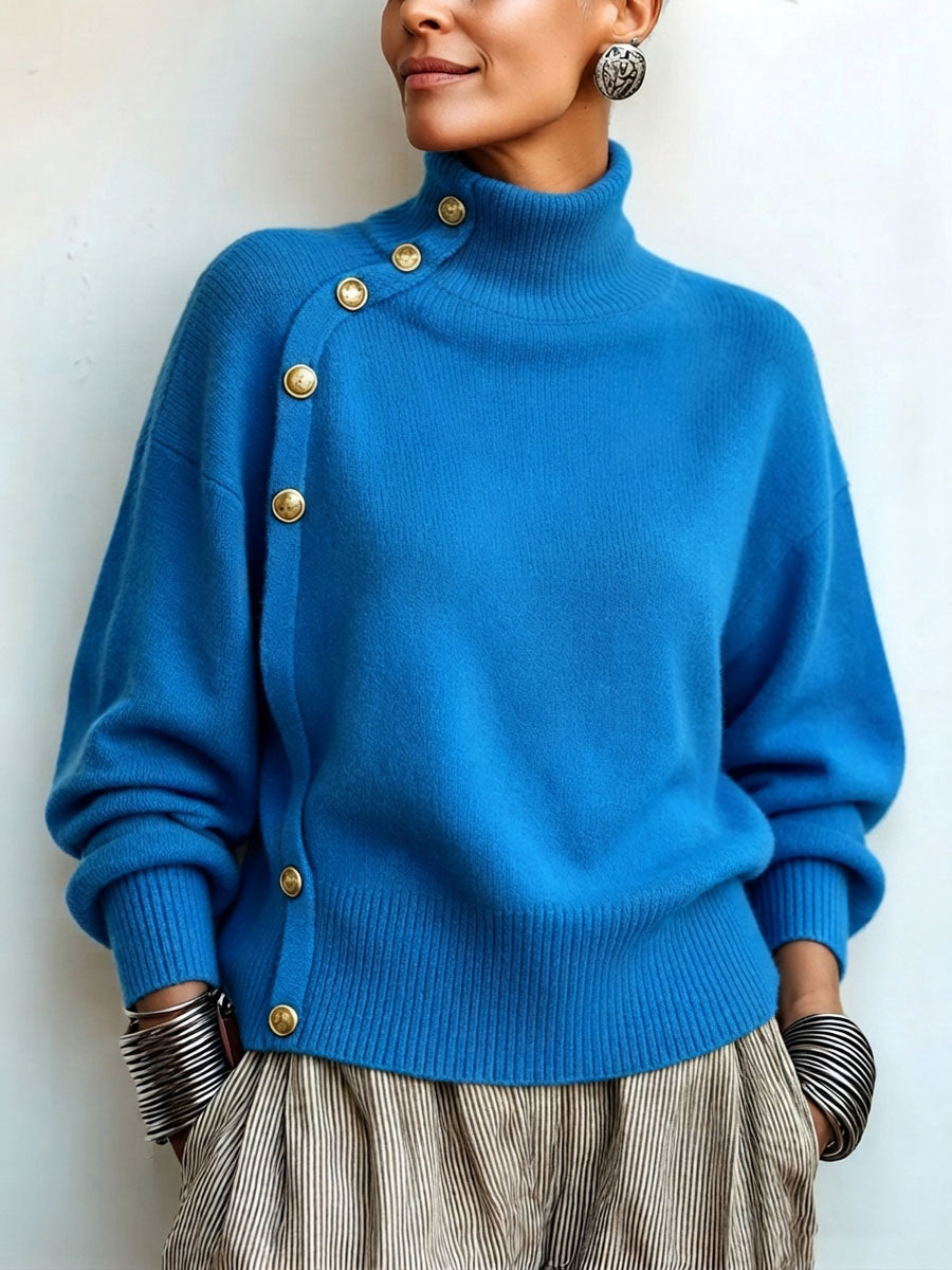 Women's knit turtleneck sweater with asymmetrical buttons, warm and elegant sweater for autumn
