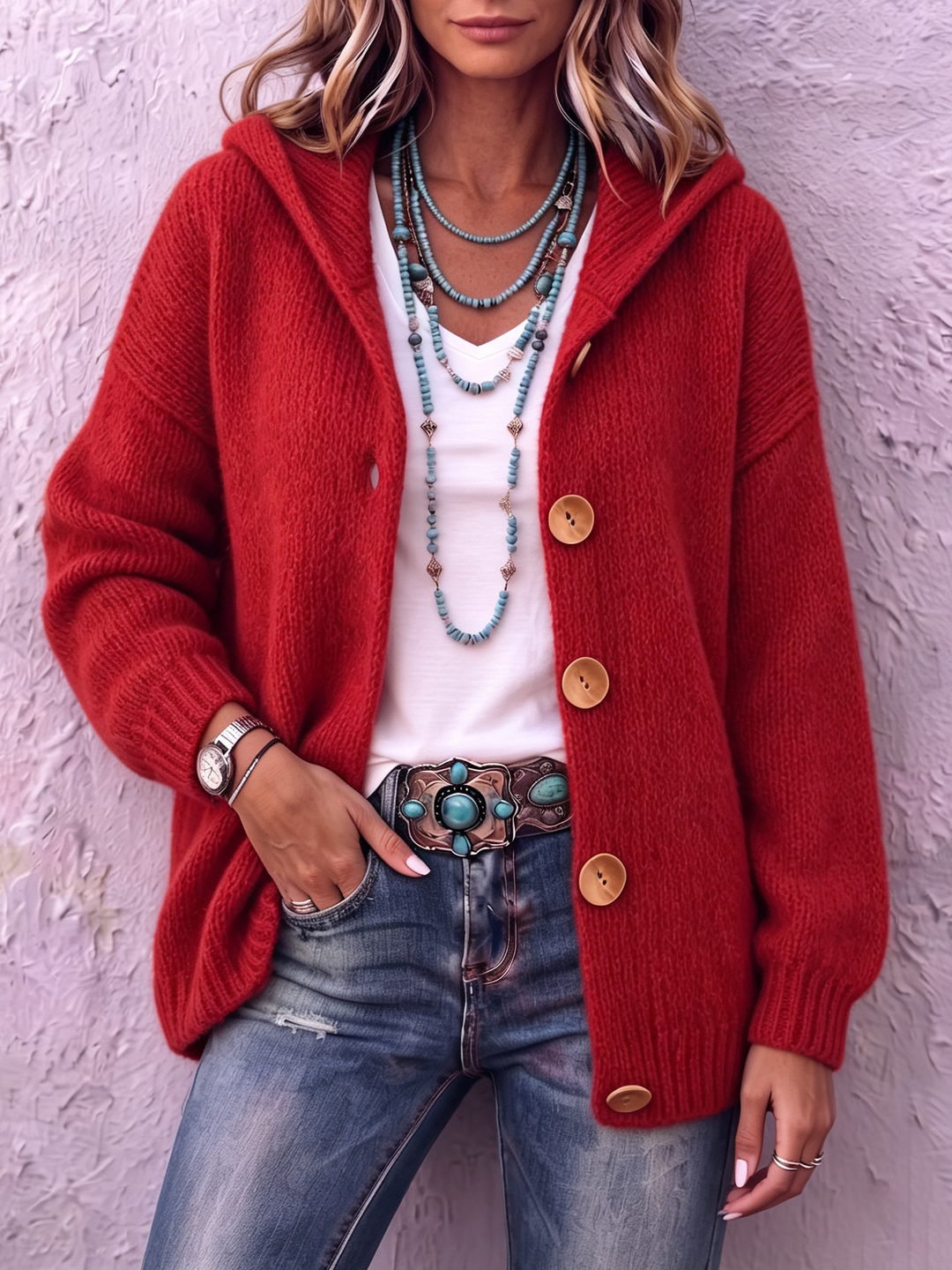 Women's knitted hooded cardigan, button-up autumn vest