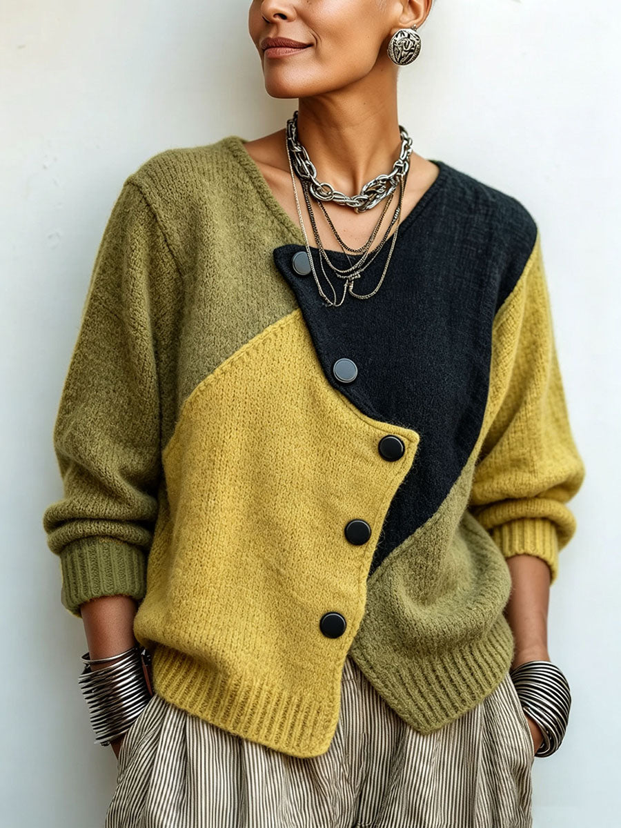 Women's color-block knit sweater with asymmetrical buttons, warm and loose-fitting sweater for autumn