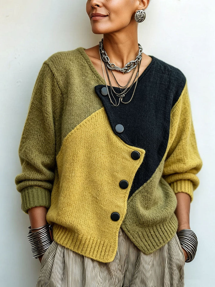 Women's color-block knit sweater with asymmetrical buttons, warm and loose-fitting sweater for autumn