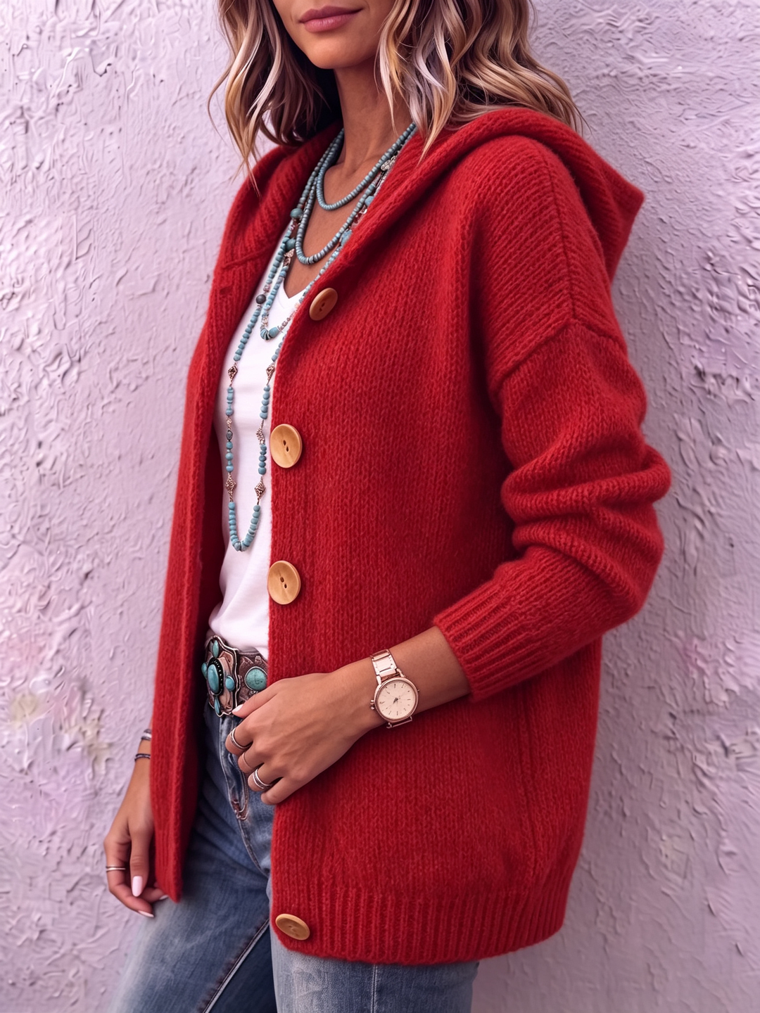 Women's knitted hooded cardigan, button-up autumn vest