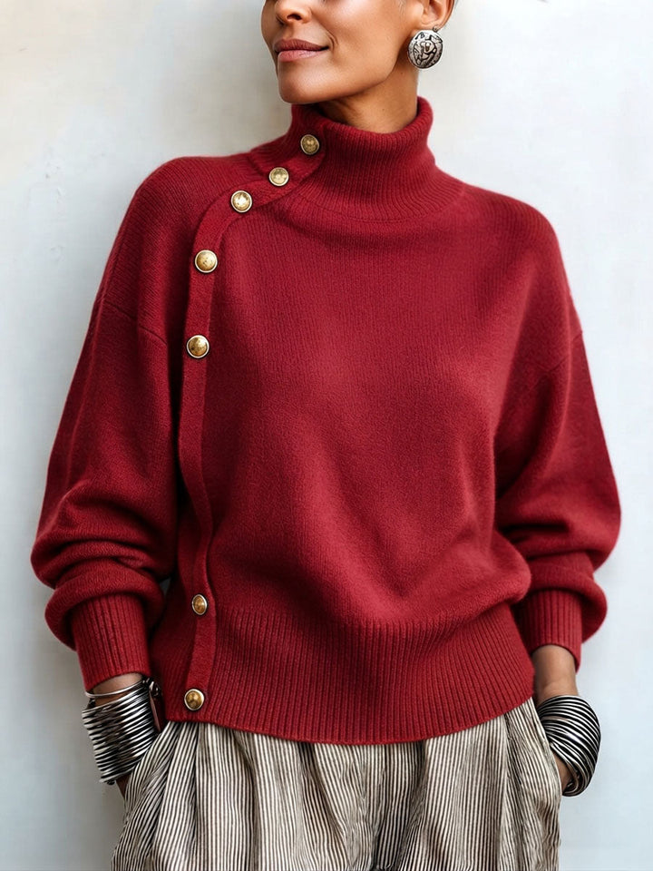 Women's knit turtleneck sweater with asymmetrical buttons, warm and elegant sweater for autumn