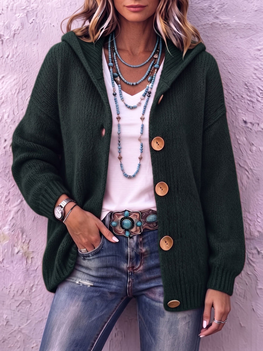 Women's knitted hooded cardigan, button-up autumn vest