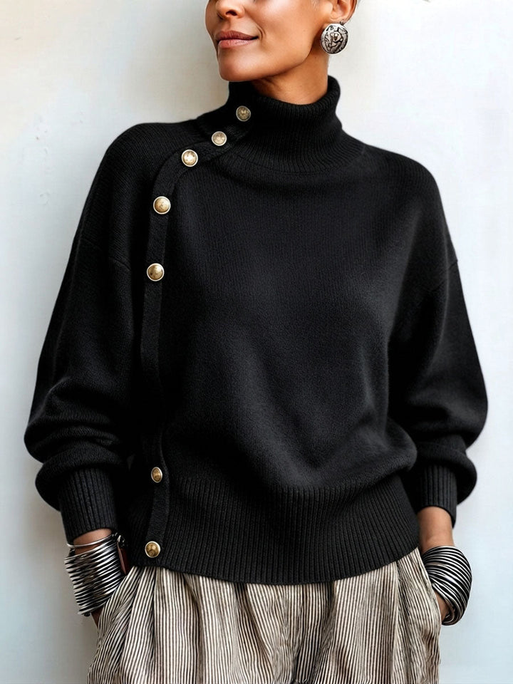 Women's knit turtleneck sweater with asymmetrical buttons, warm and elegant sweater for autumn