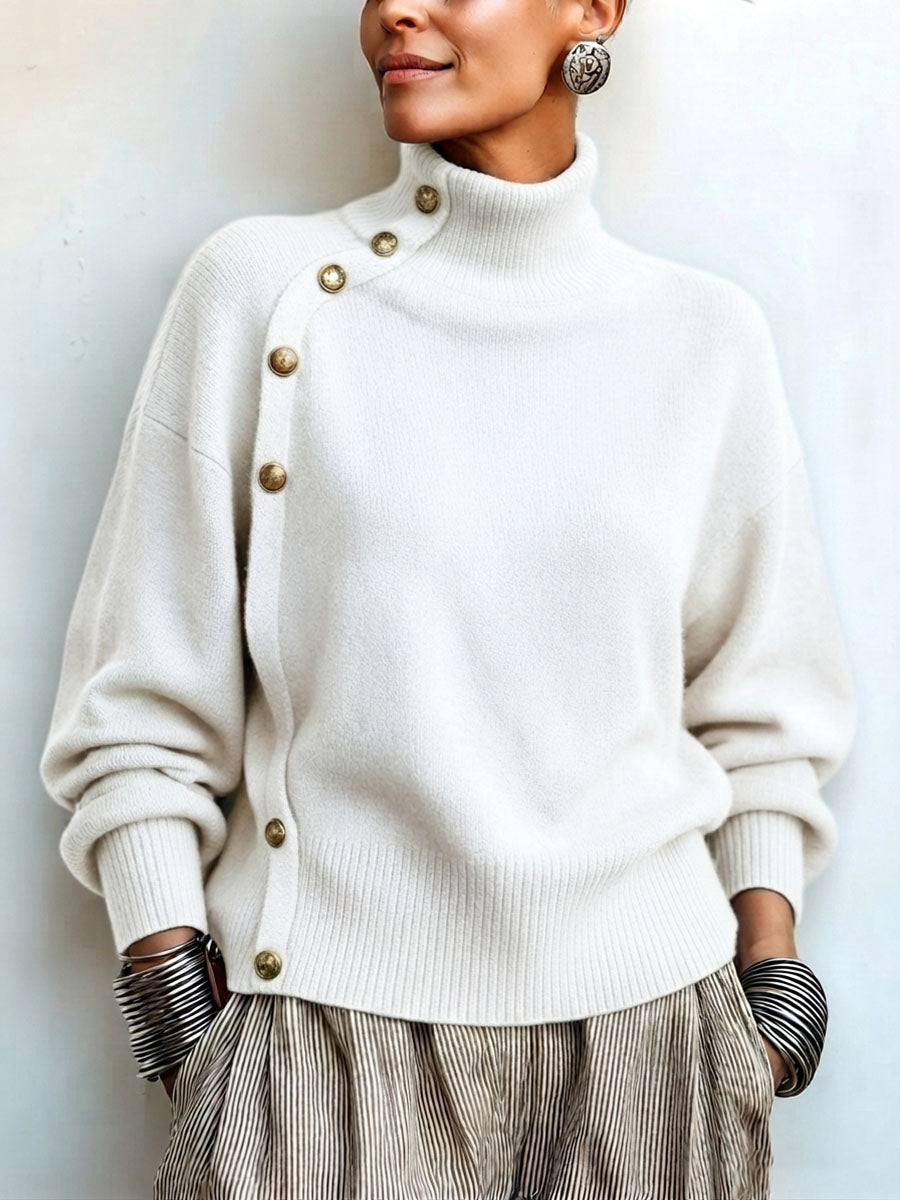 Women's knit turtleneck sweater with asymmetrical buttons, warm and elegant sweater for autumn