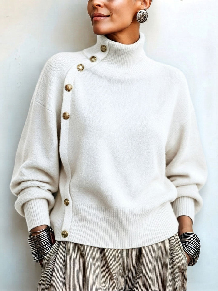 Women's knit turtleneck sweater with asymmetrical buttons, warm and elegant sweater for autumn