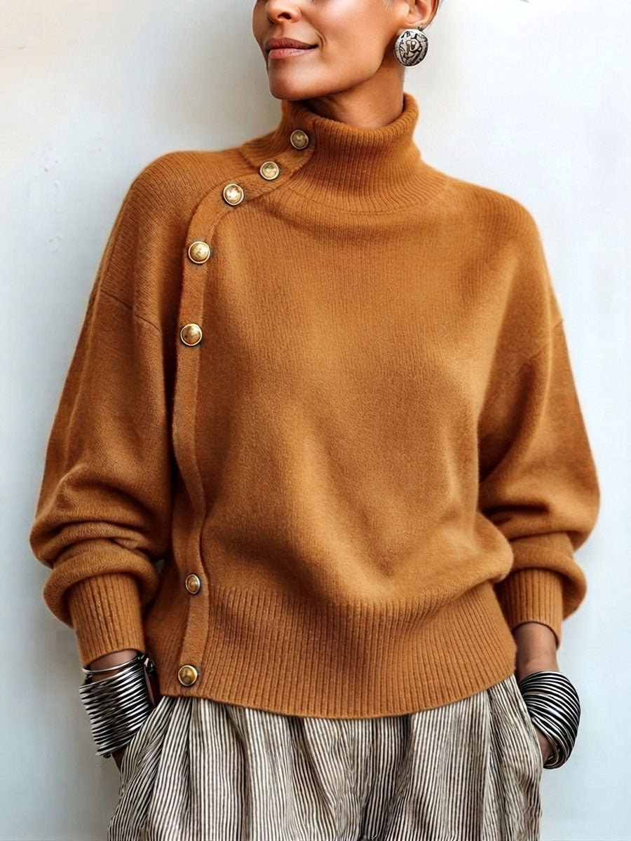 Women's knit turtleneck sweater with asymmetrical buttons, warm and elegant sweater for autumn