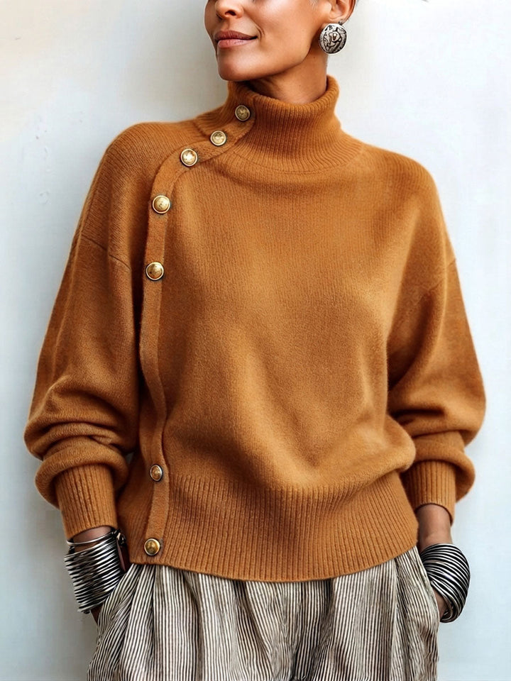 Women's knit turtleneck sweater with asymmetrical buttons, warm and elegant sweater for autumn
