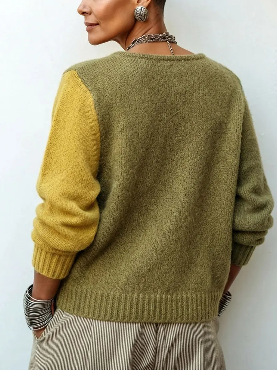 Women's color-block knit sweater with asymmetrical buttons, warm and loose-fitting sweater for autumn