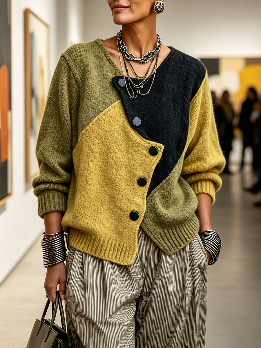 Women's color-block knit sweater with asymmetrical buttons, warm and loose-fitting sweater for autumn